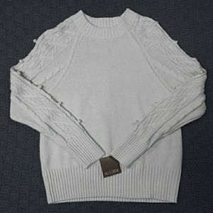 NWT Falls  Creek Pullover Sweater Large Blue Pom-Pom Detail Cable Knit Sleeves